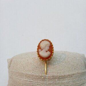 Victorian Vintage Cameo Stick Pin Brooch Gold Red Back Ground